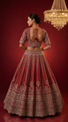 Back view of the full red bridal lehenga on a model, showing the expansive flare and deep U-shaped blouse design with hanging tassels.