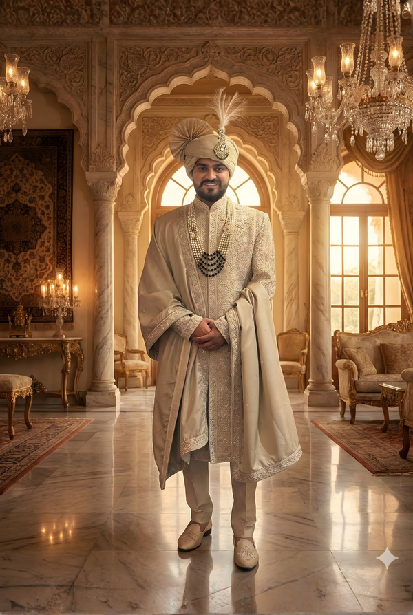 Designer sherwani for wedding with hand embroidery, luxury groom sherwani online India and traditional royal outfit