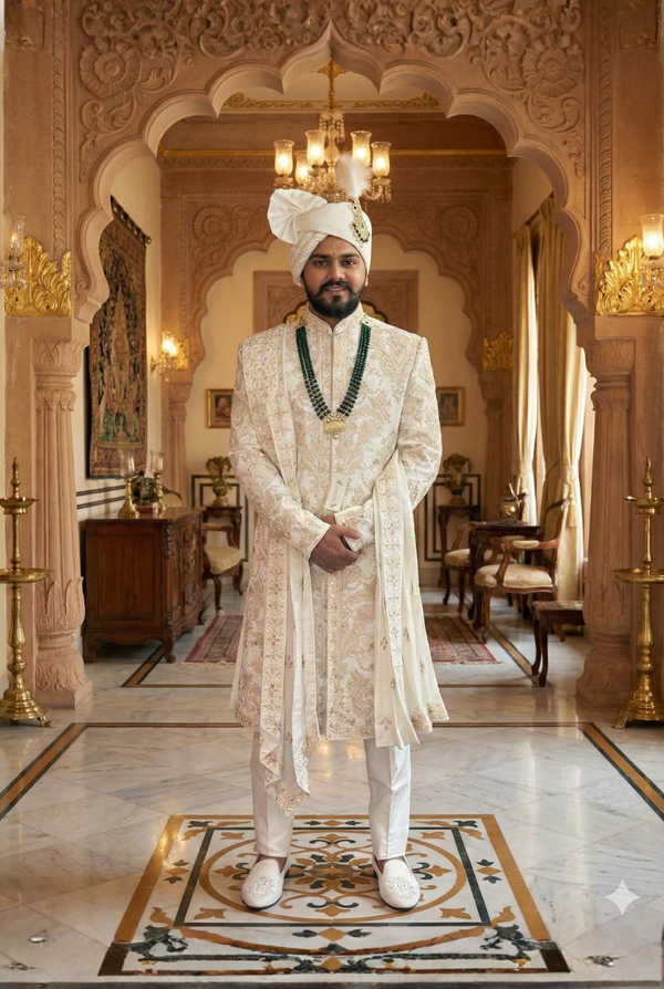 Elegant White Raw Silk Sherwani Set