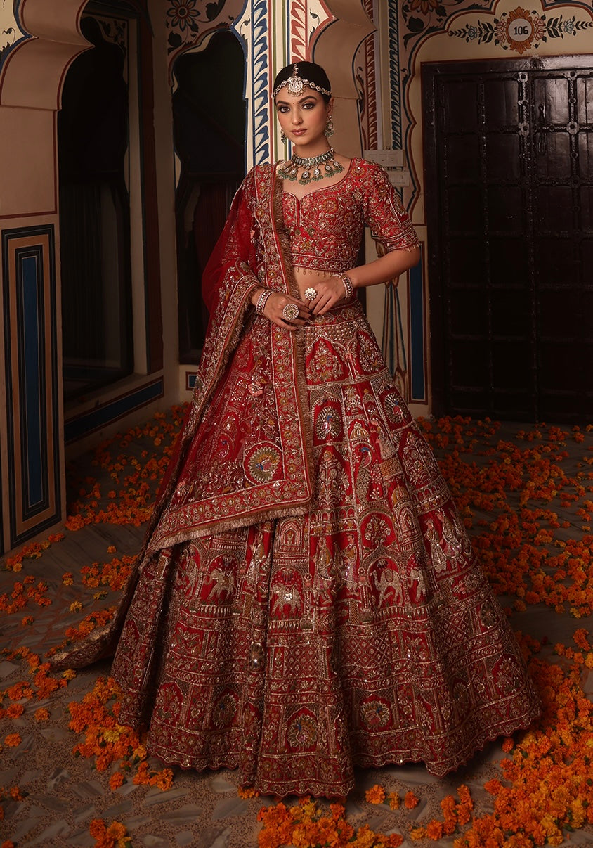 SCARLET RED RAW SILK LEHENGA