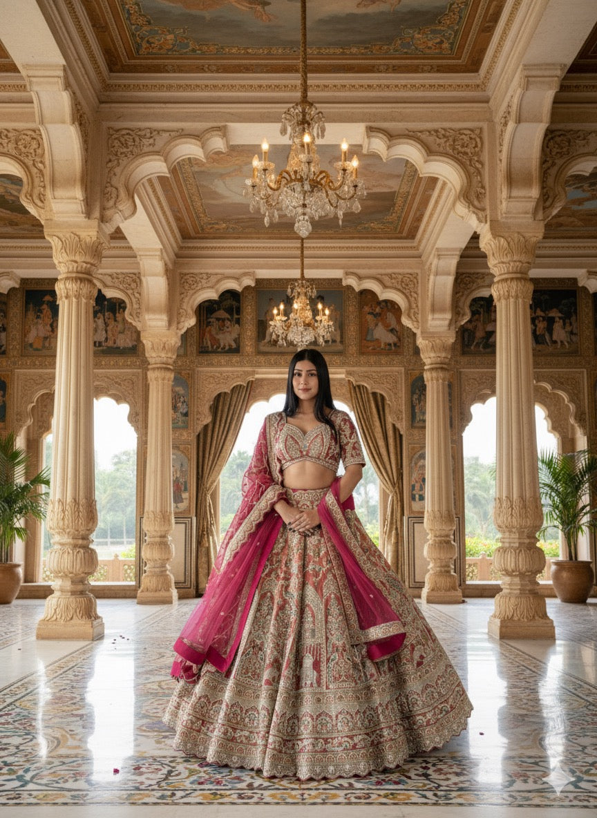 ONION PINK TISSUE EMBROIDERED LEHENGA