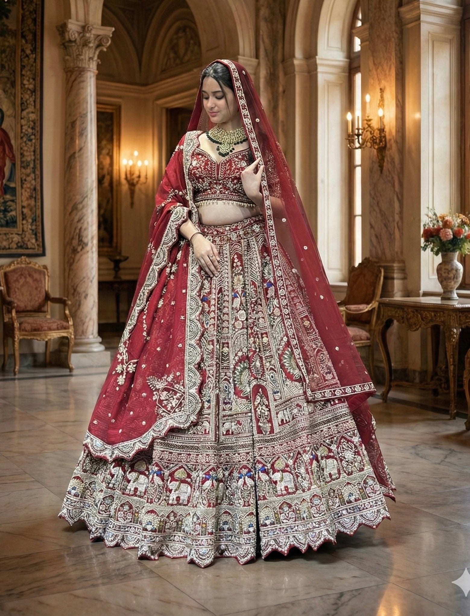 CHERRY RED RAW SILK LEHENGA