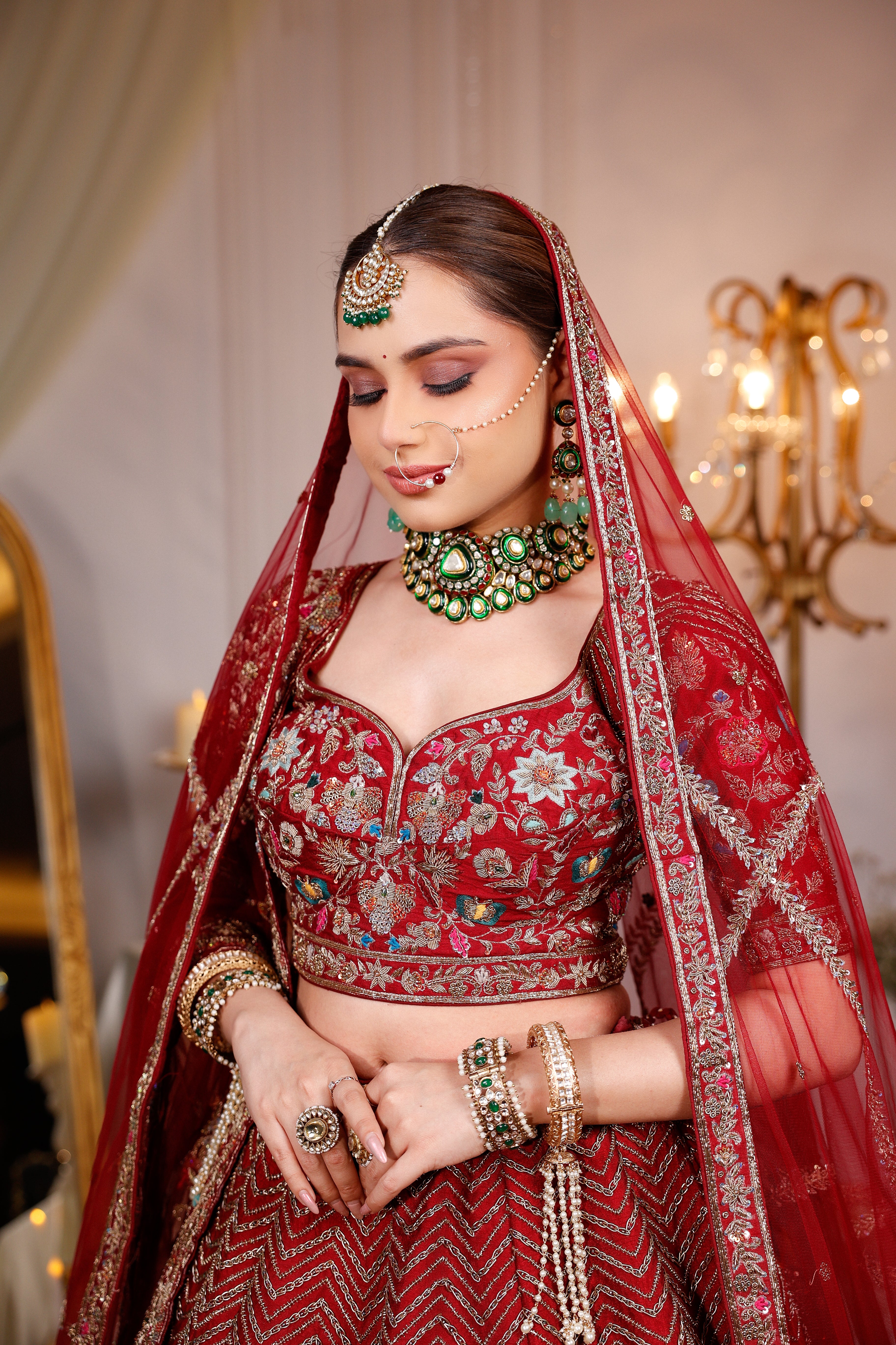 CHERRY RED RAW SILK LEHENGA