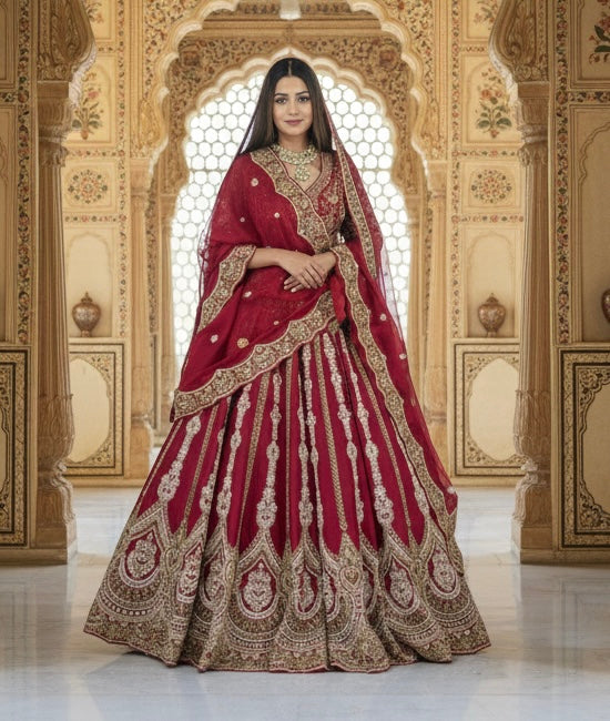 Cherry red raw silk bridal lehenga with heavy embroidery for wedding
