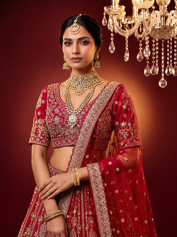 Close-up detail of the red silk fabric showing intricate zardozi embroidery with gold zari and white pearl accents.