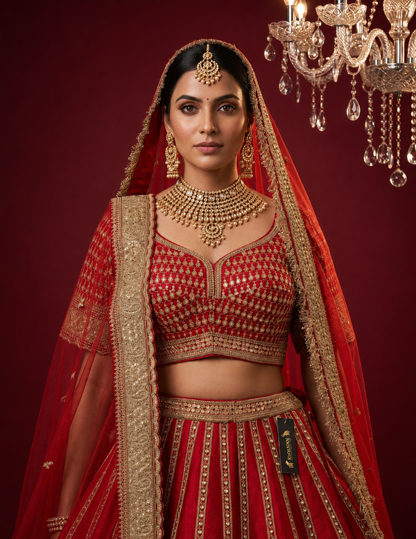 Close-up of manual sequin work and intricate Neem Zari patterns on a red colour lehenga.