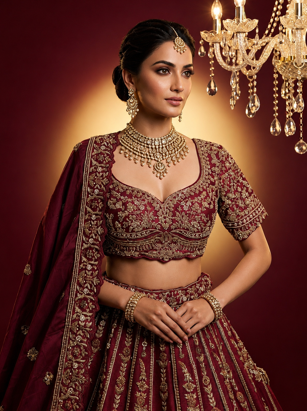 Close-up of maroon raw silk fabric featuring dense gold zardozi embroidery and delicate white pearl accents.