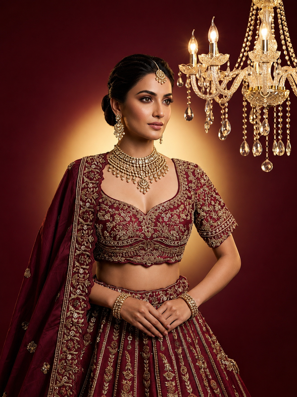 Close-up of maroon raw silk fabric featuring dense gold zardozi embroidery and delicate white pearl accents.