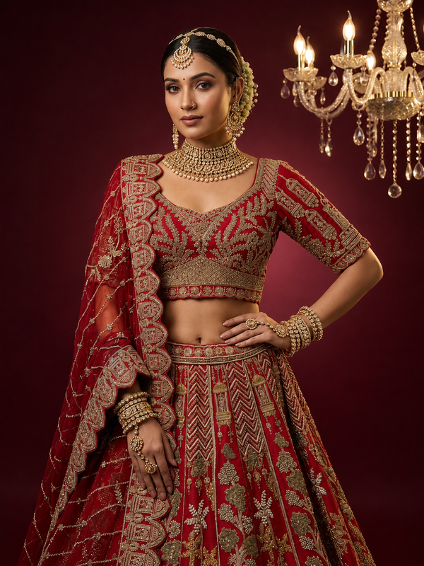 Close-up of the red silk fabric detailing the manual embroidery of white pearls and golden zari floral motifs.