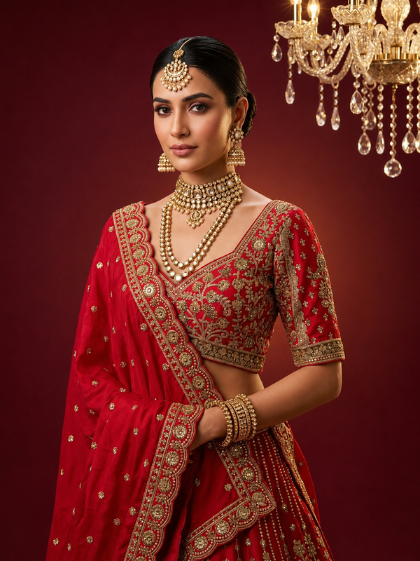 Close-up of the red silk fabric highlighting the manual work of white pearls, gold zari, and shimmering stones.