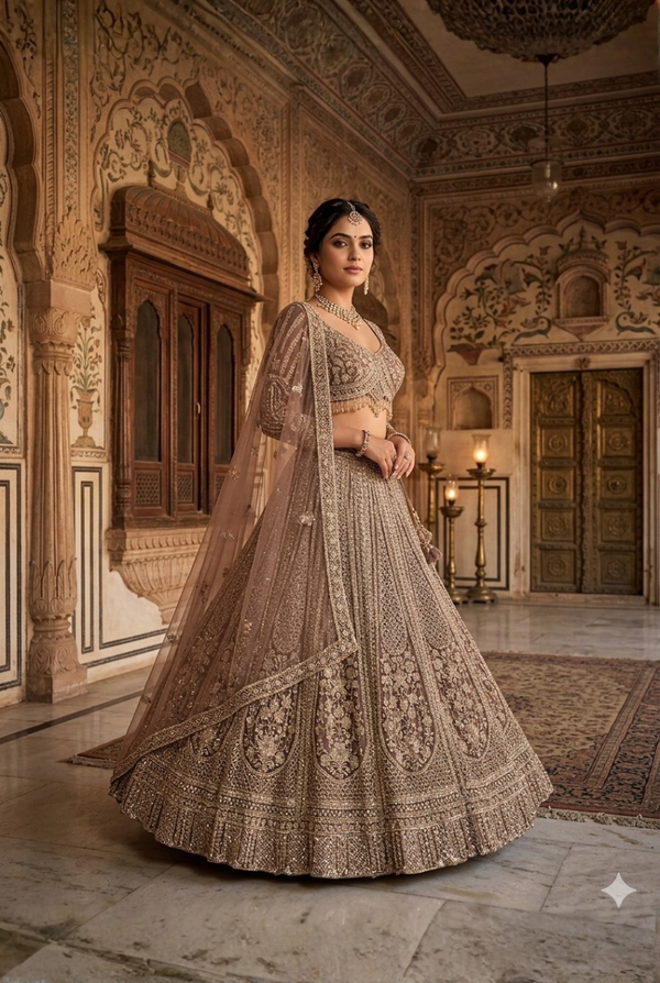 Luxury light brown bridal lehenga in net with detailed sequence and cutdana embroidery for engagement and reception
