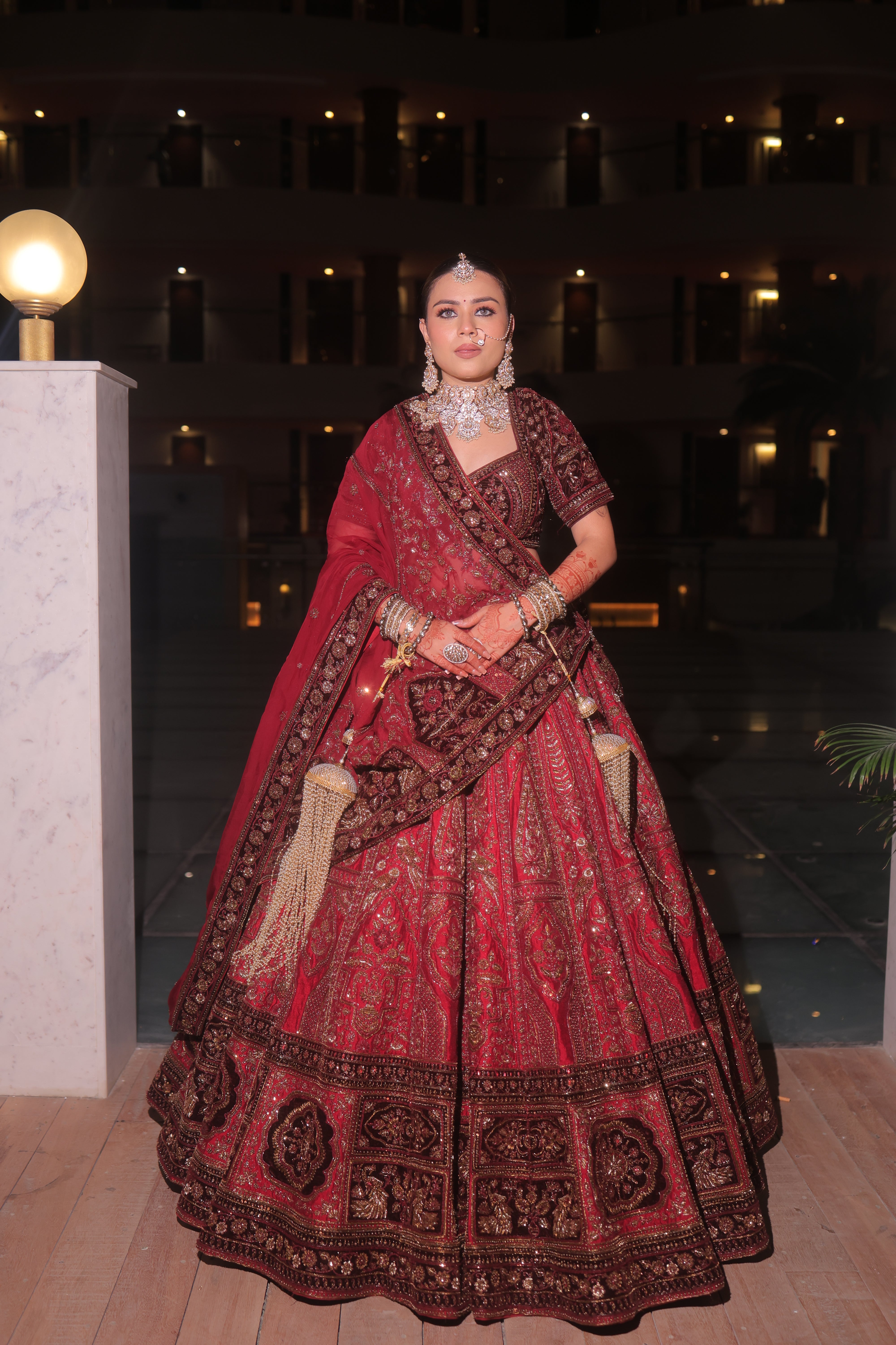 CRIMSON RED RAW SILK AND MAROON VELVET INFUSED LEHENGA