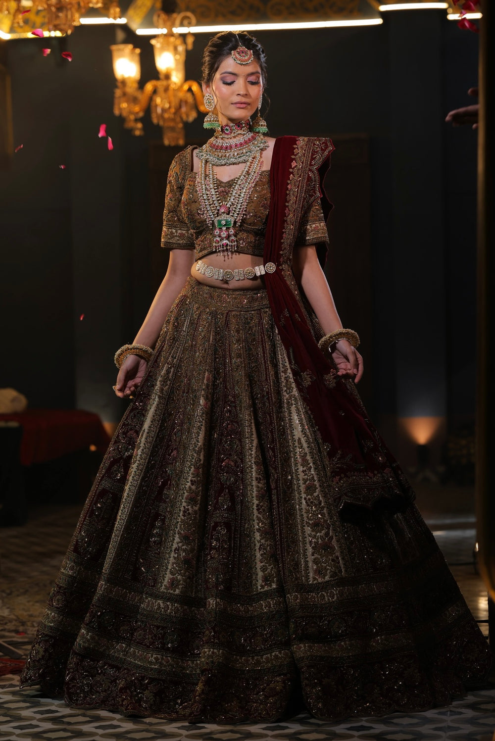 RUST IVORY AND MAROON VELVET INFUSED LEHENGA