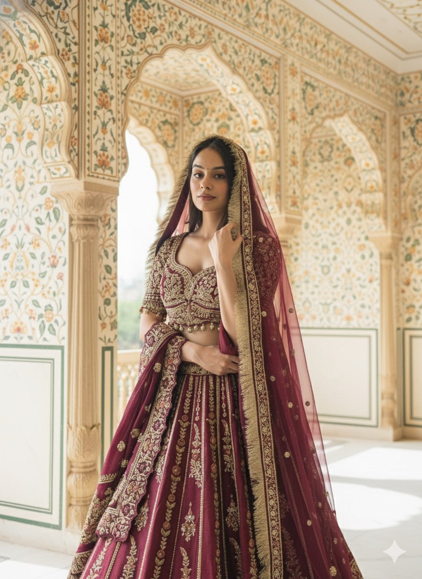 CHERRY MAROON RAW SILK LEHENGA