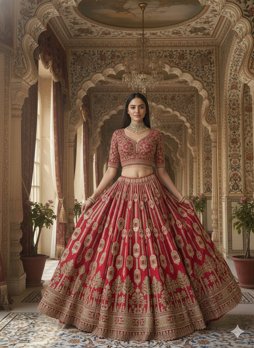 SCARLET RED RAW SILK LEHENGA
