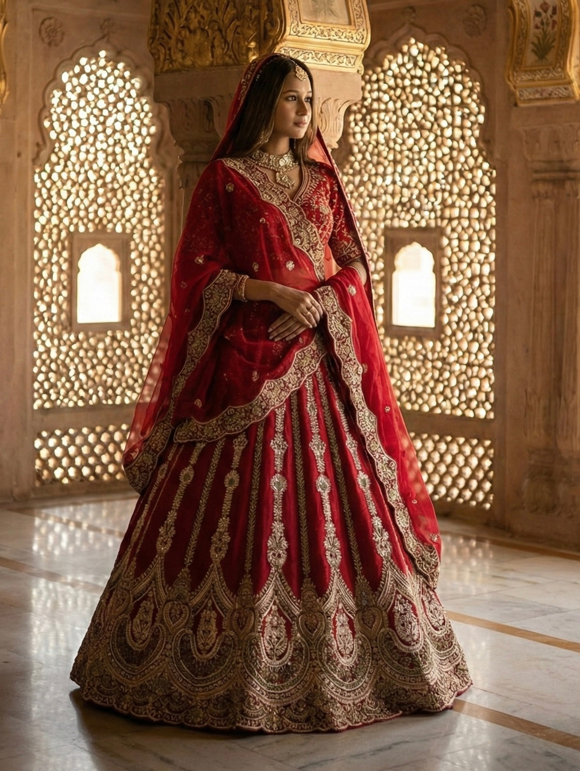 Designer cherry red lehenga for bride with rich silk fabric and flare
