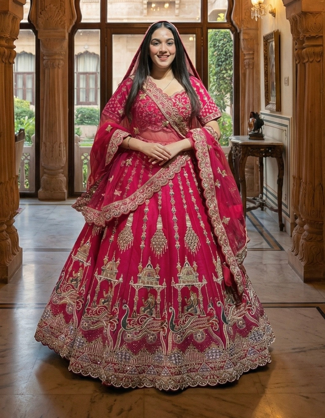 Designer hot pink lehenga for wedding with sequins work
