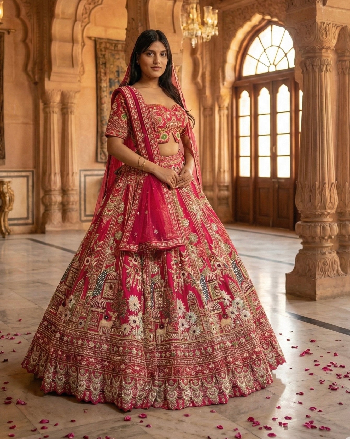 Designer pink wedding lehenga with sequins and thread detailing
