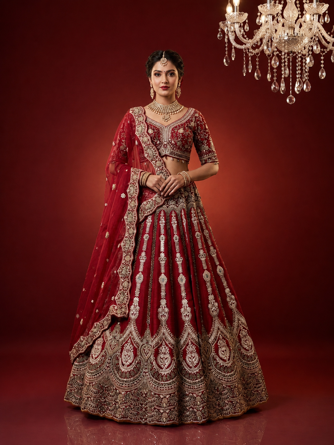 Designer red bridal lehenga with sequins and stone work for wedding
