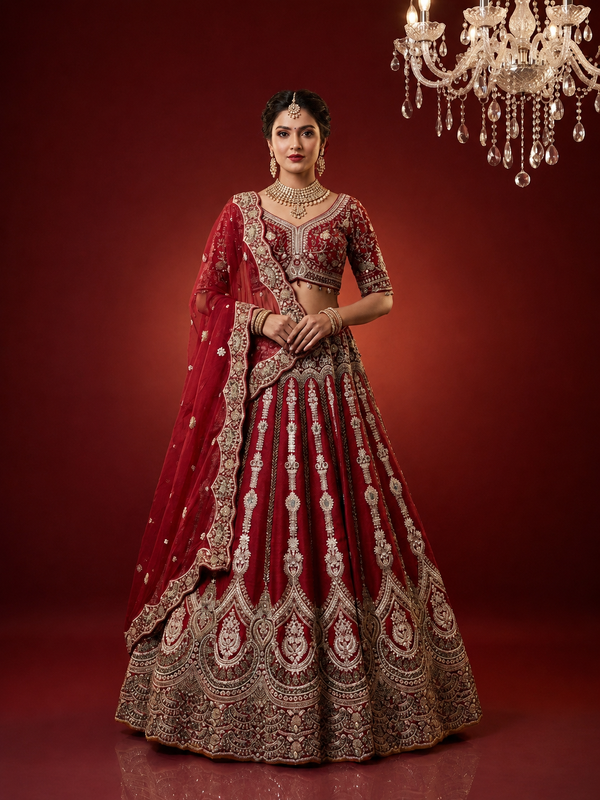 Designer red bridal lehenga with sequins and stone work for wedding
