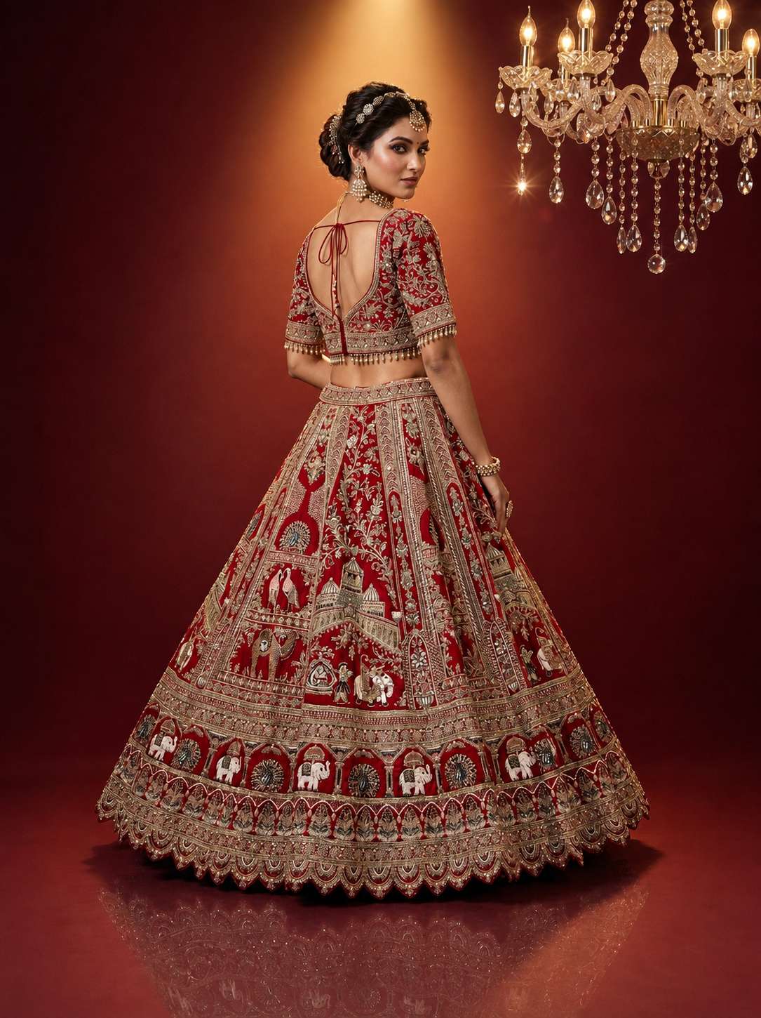 Designer red bridal lehenga with sequins and stone embroidery
