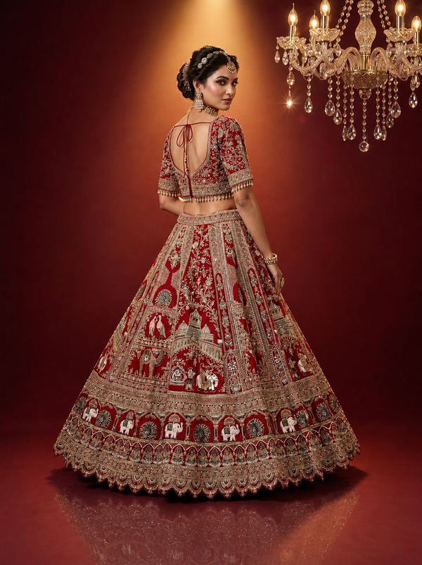 Designer red bridal lehenga with sequins and stone embroidery
