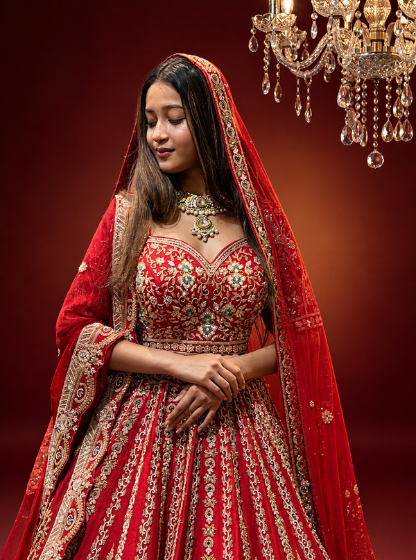 Designer red lehenga for bride with sequins and stone work
