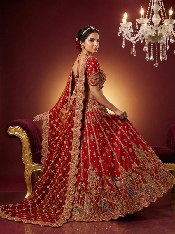 Designer red wedding lehenga with intricate dori, thread and zardozi style detailing
