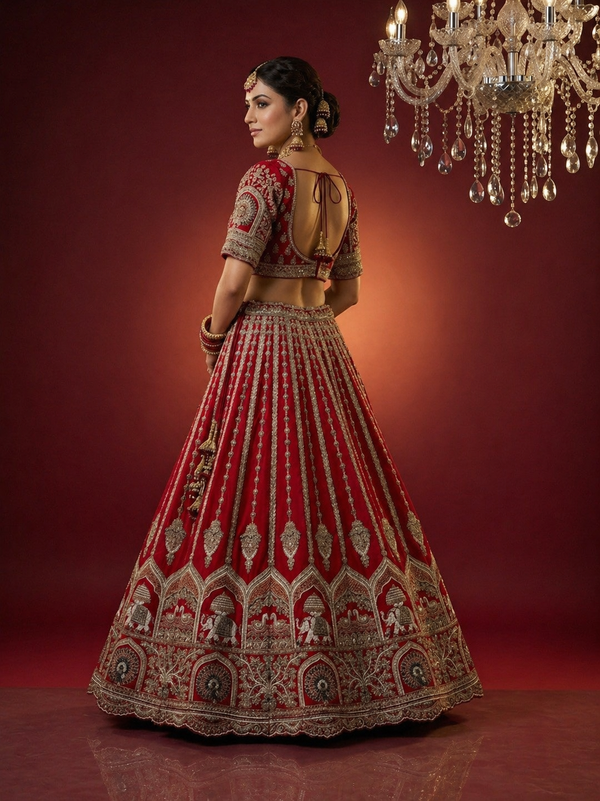 Designer royal red wedding lehenga with sequins and dori detailing
