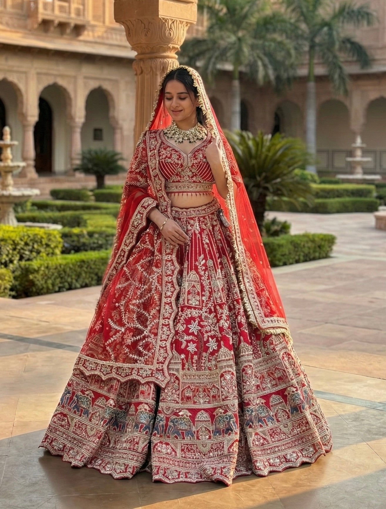 Designer scarlet red wedding lehenga with intricate handcrafted work and dupatta
