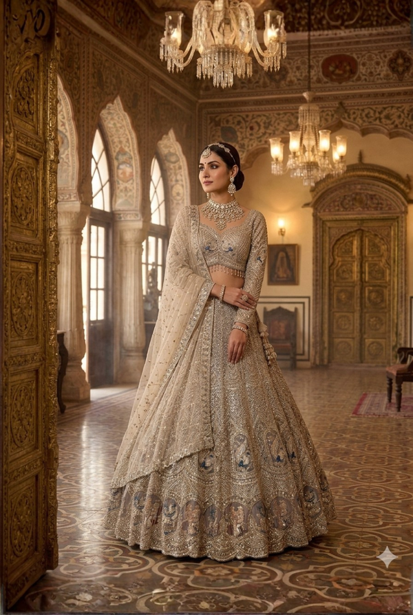 Chikoo bridal lehenga with sequins and resham work
