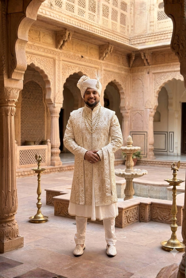 Off white silk sherwani with dabka and resham embroidery for groom
