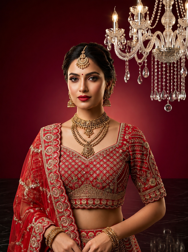 Detailed view of red bridal lehenga handwork with Kardana beads and multi-Resham floral patterns.
