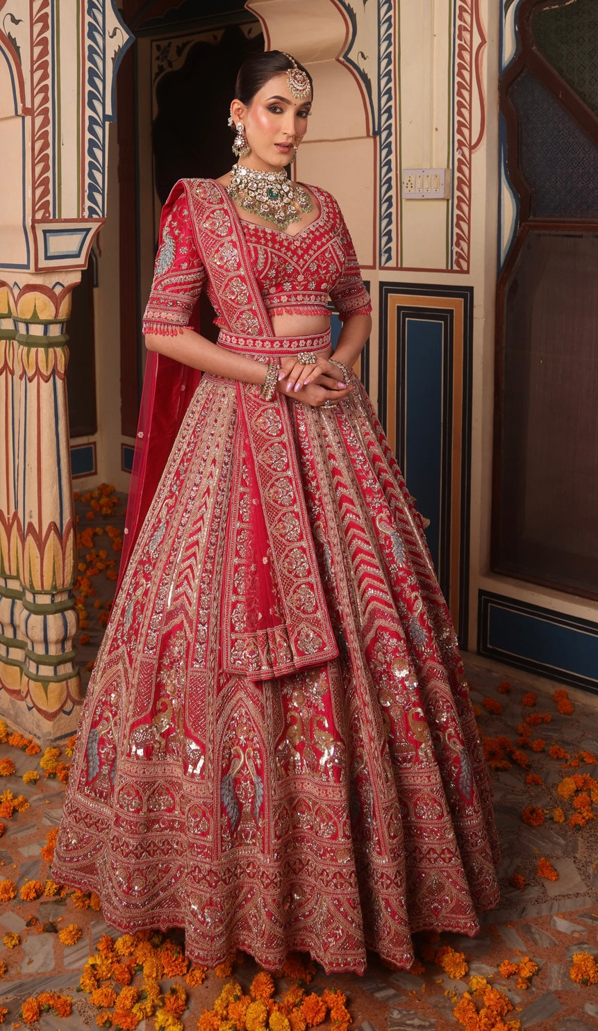 SCARLET RED RAW SILK LEHENGA