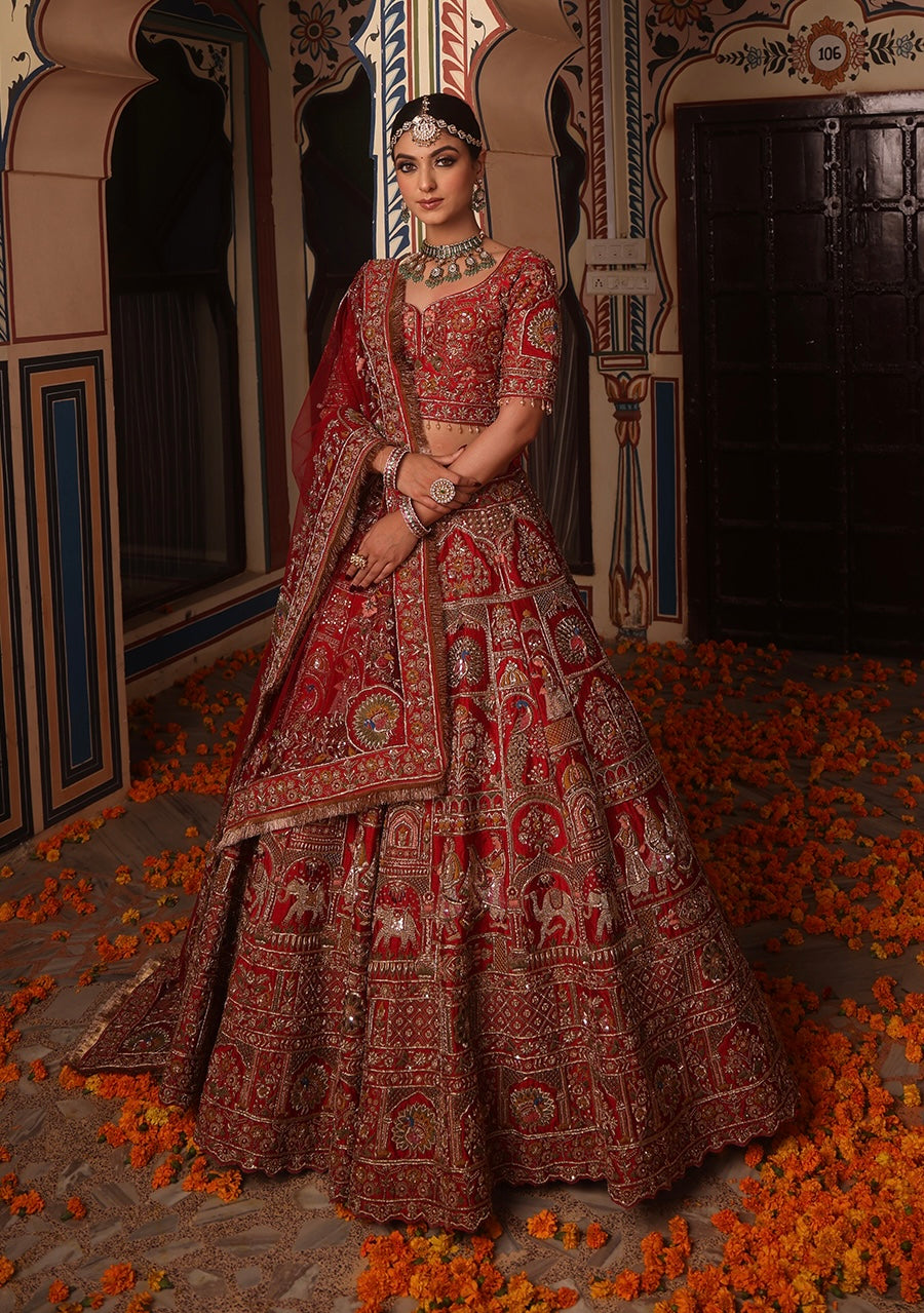 SCARLET RED RAW SILK LEHENGA