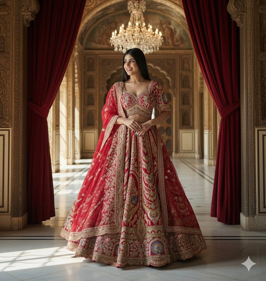 SCARLET RED RAW SILK LEHENGA