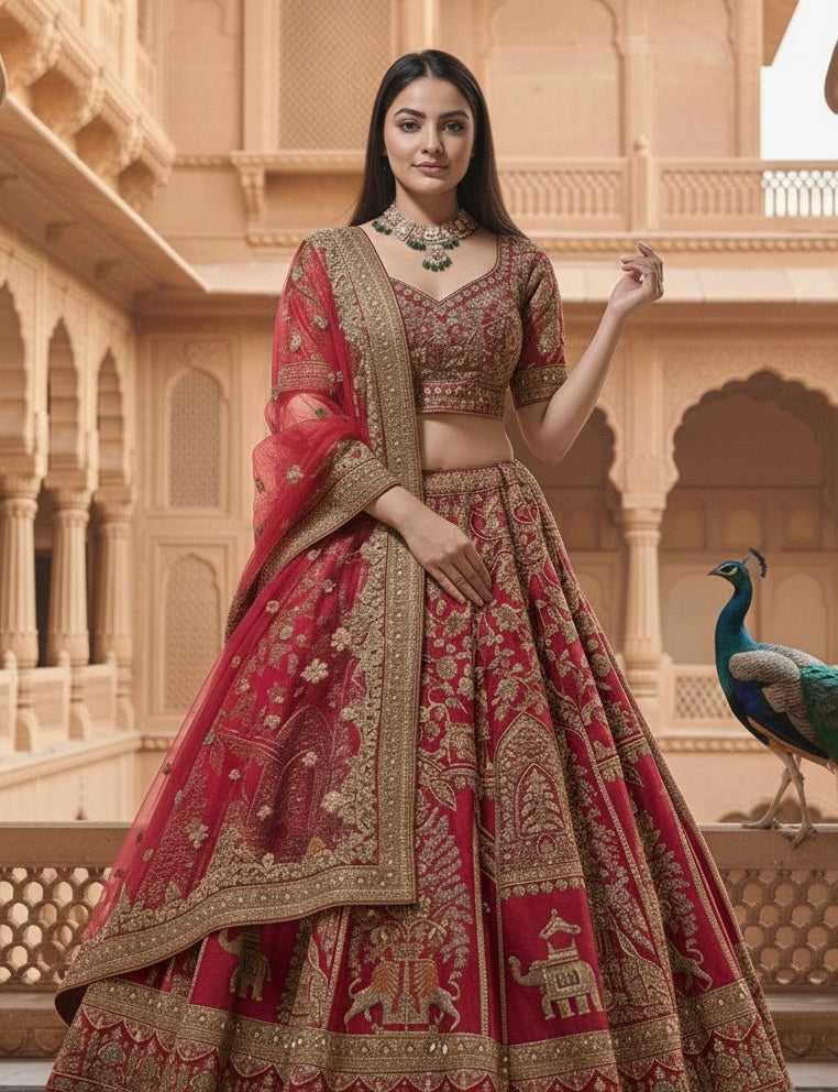 SCARLET RED RAW SILK LEHENGA