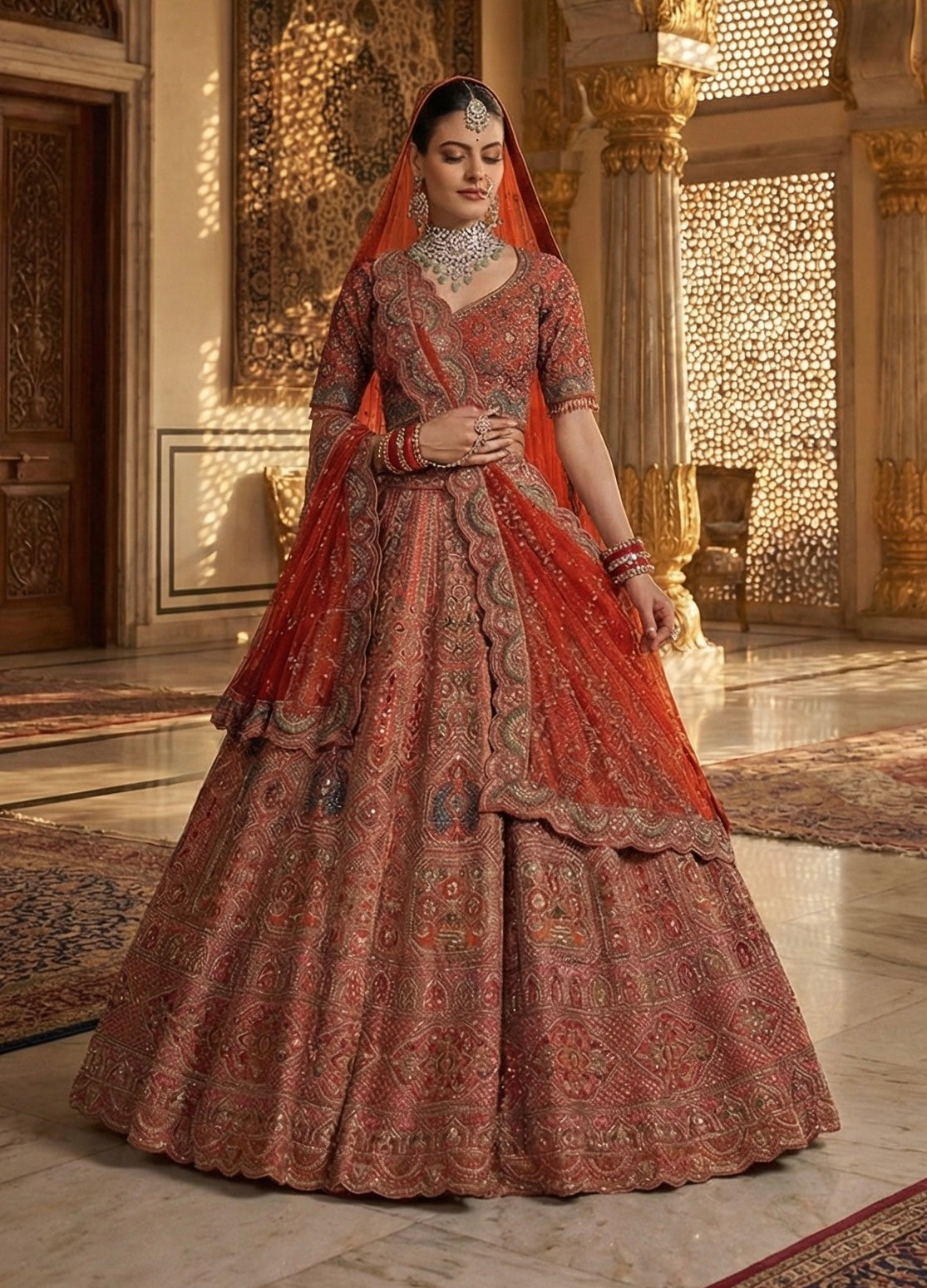 RUST TISSUE EMBROIDERED LEHENGA