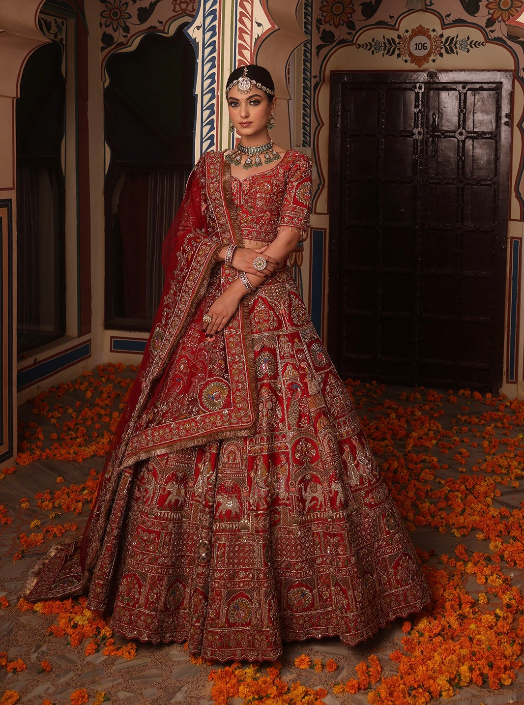SCARLET RED RAW SILK LEHENGA