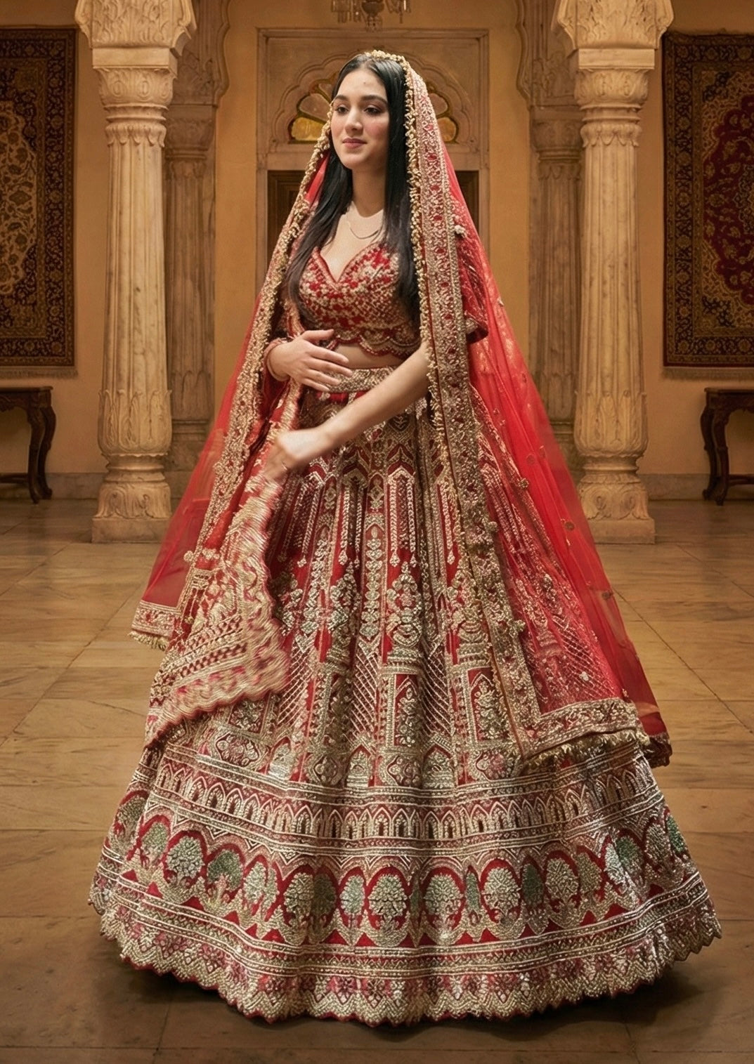 SCARLET RED RAW SILK LEHENGA