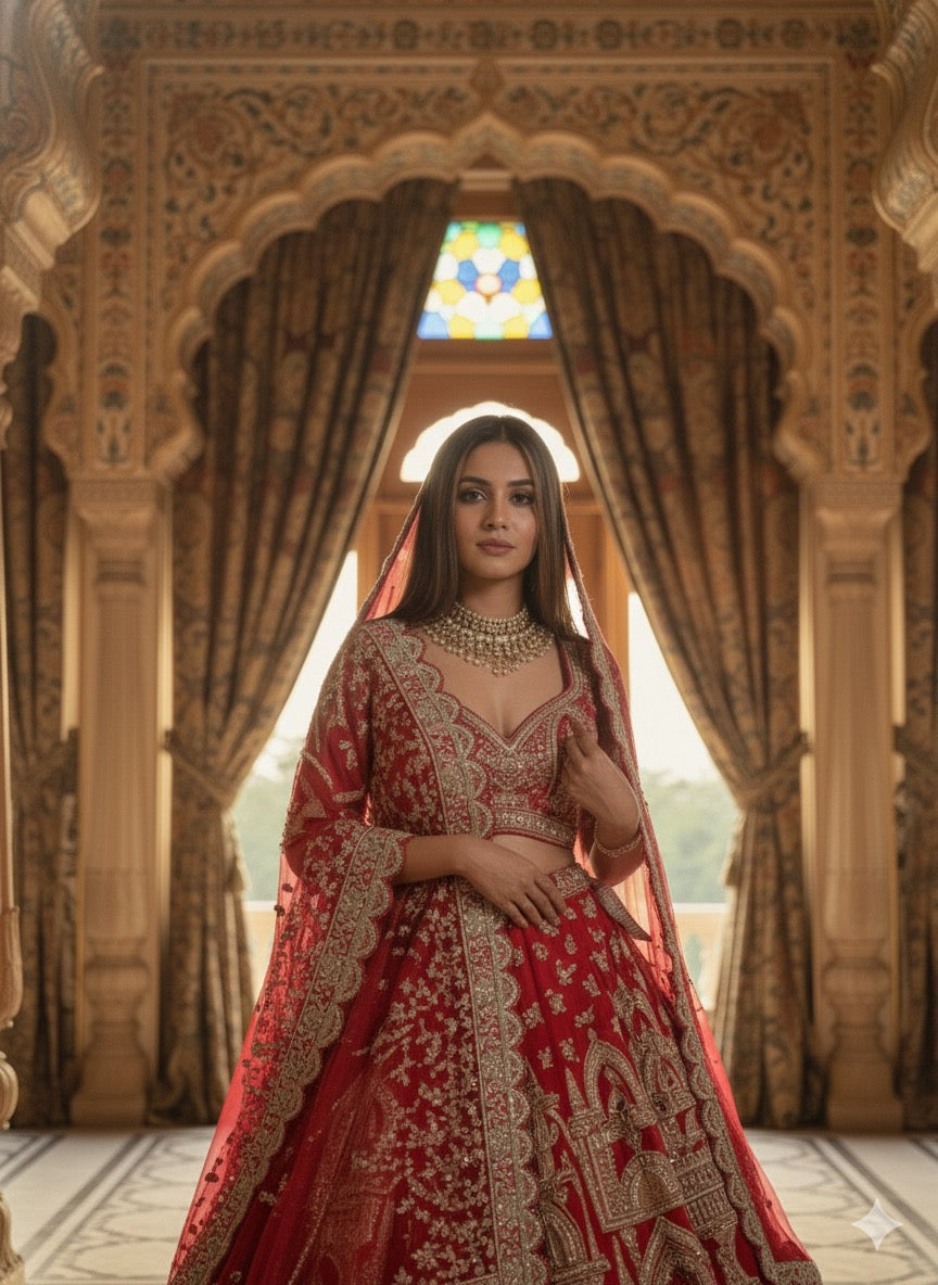 SCARLET RED RAW SILK LEHENGA