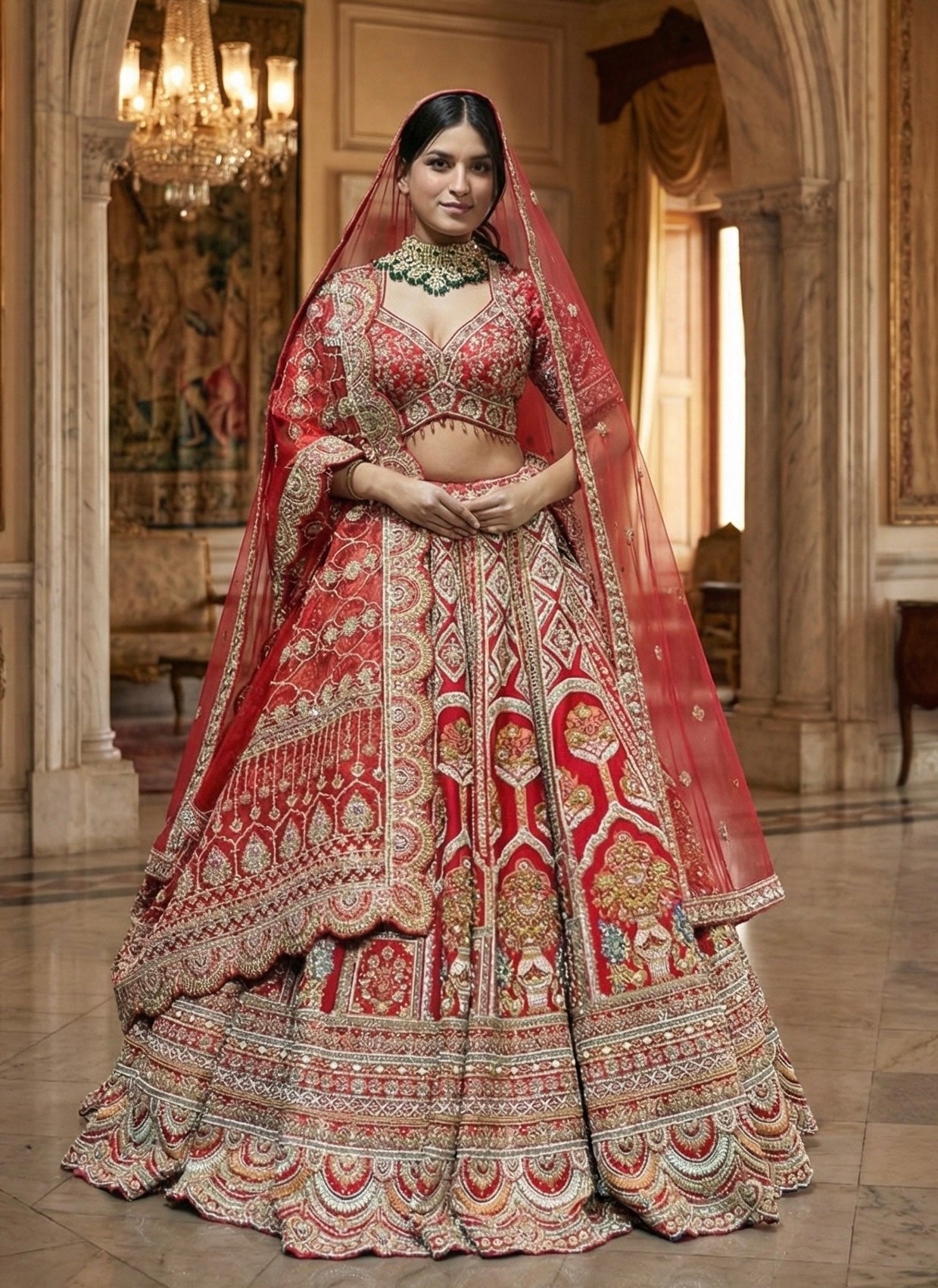 SCARLET RED RAW SILK LEHENGA