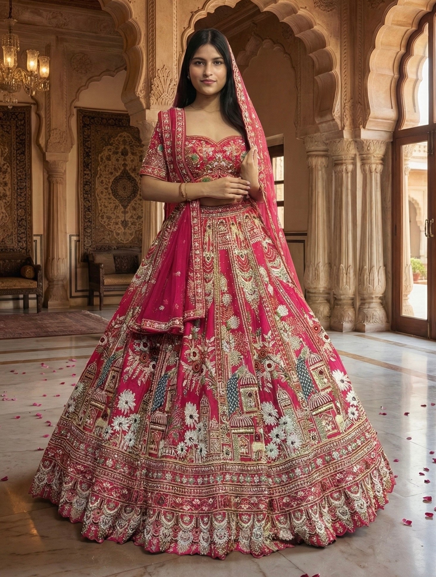 Fuchsia pink raw silk bridal lehenga with heavy embroidery work

