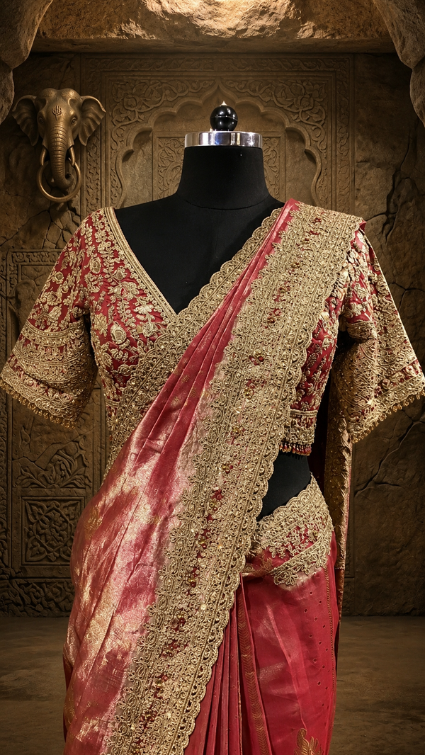 Full-length front view of a model styling a shimmering rust tissue saree with an ornate gold zari border under a luxury crystal chandelier.
