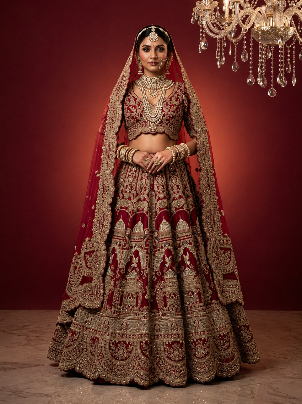 Full-length front view of a bride in a cherry red silk lehenga choli with heavy gold embroidery and a matching net dupatta.