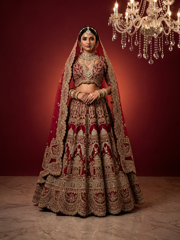 Full-length front view of a bride in a cherry red silk lehenga choli with heavy gold embroidery and a matching net dupatta.