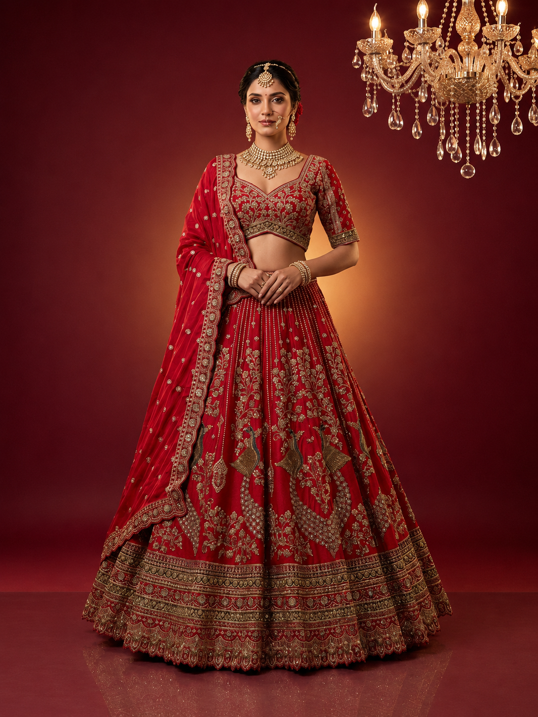 Full-length front view of a bride in a red lehenga bride ensemble with heavy gold embroidery and a matching silk dupatta.