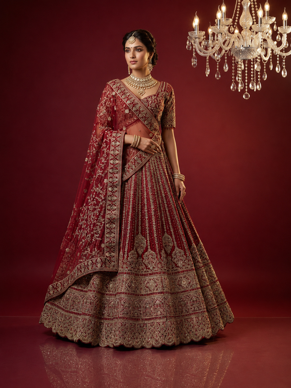 Full-length front view of a model in a cherry red lehenga choli with heavy gold zari and stone work under a luxury chandelier.
