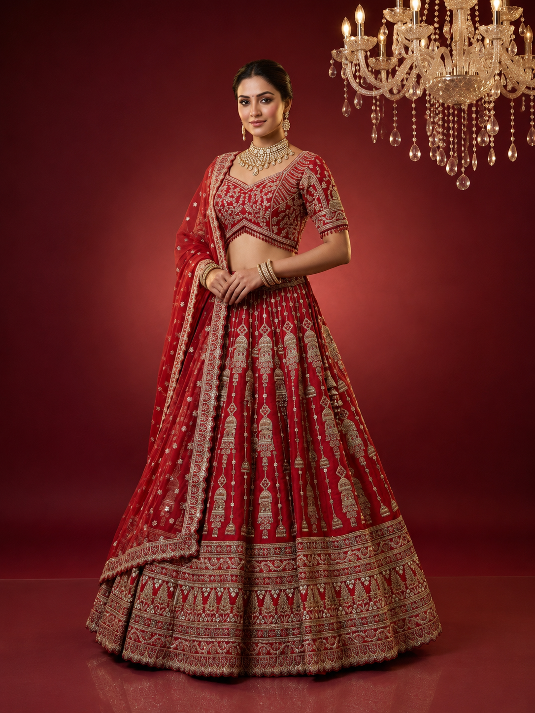 Full-length front view of a model in a red bridal lehenga with a matching dupatta and heavy gold jewelry under a chandelier.