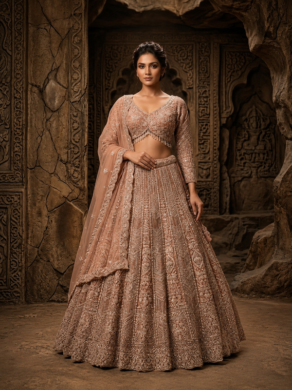 Full back profile of the peach net lehenga, showcasing the beautifully fitting blouse back ties and the graceful, sweeping flare of the skirt.
